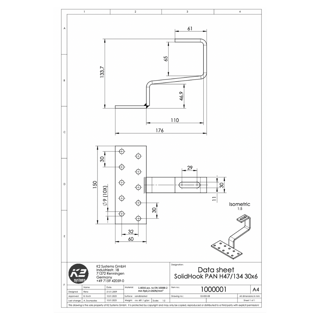 K2 Systems Dachhaken für Pfannenziegel – SolidRail Montage (Edelstahl 1.4016) - 50 × 60 × 5 mm
