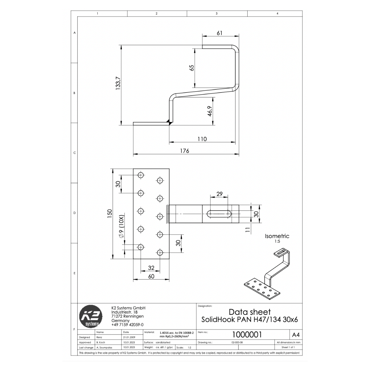 K2 Systems Dachhaken für Pfannenziegel – SolidRail Montage (Edelstahl 1.4016) - 50 × 60 × 5 mm