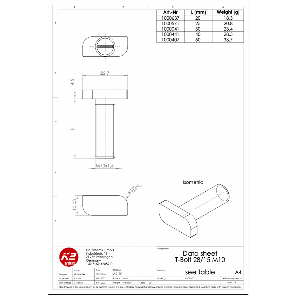 K2 Systems Hammerkopfschraube M10x30 – für SolidRail Unterkammer (Edelstahl A2 / 1.4301)