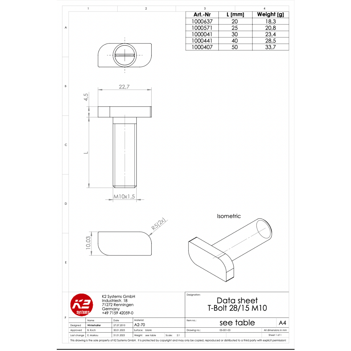 K2 Systems Hammerkopfschraube M10x30 – für SolidRail Unterkammer (Edelstahl A2 / 1.4301)