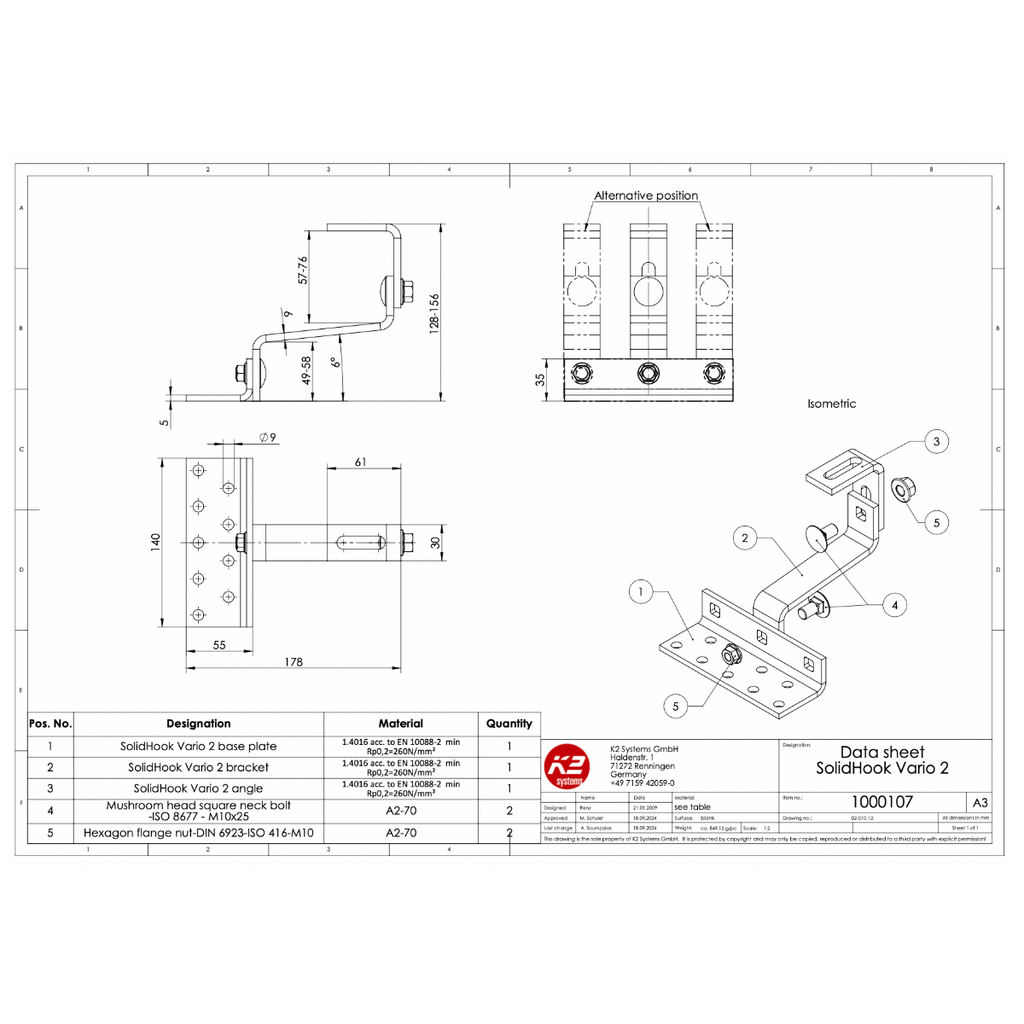 K2 Systems Dachhaken SolidHook Vario 2 – 2-fach höhenverstellbar für Pfannenziegel (Edelstahl 1.4016)