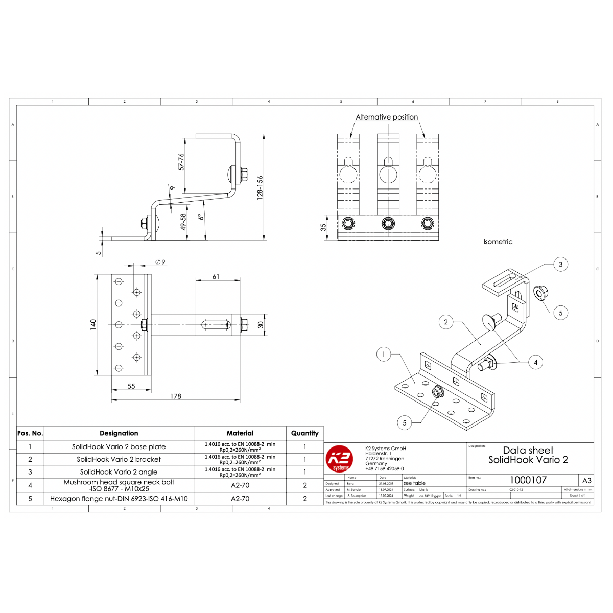 K2 Systems Dachhaken SolidHook Vario 2 – 2-fach höhenverstellbar für Pfannenziegel (Edelstahl 1.4016)