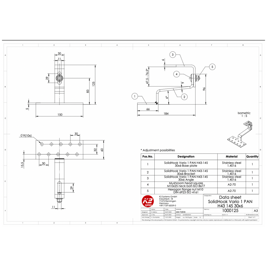 K2 Systems Dachhaken SolidHook Vario 1 – 1-fach höhenverstellbar für Pfannenziegel (Edelstahl 1.4016) -  150 × 60 × 5 mm