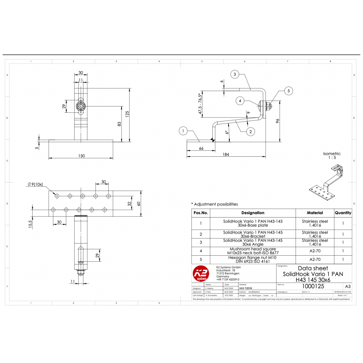K2 Systems Dachhaken SolidHook Vario 1 – 1-fach höhenverstellbar für Pfannenziegel (Edelstahl 1.4016) -  150 × 60 × 5 mm