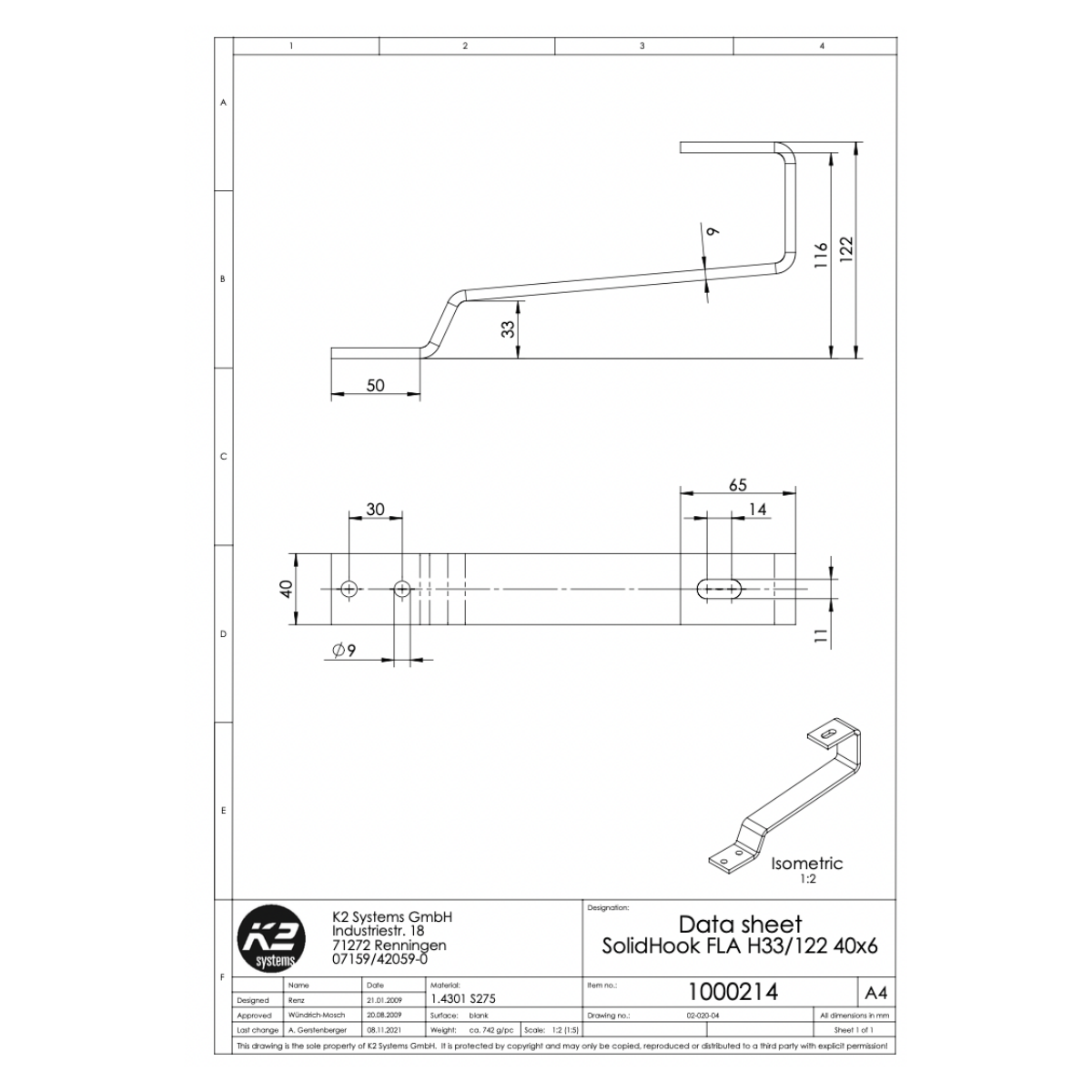 K2 Systems Dachhaken für Biberschwanzziegel – SolidRail Montage (Edelstahl A2 / 1.4301) - 40 × 50 mm