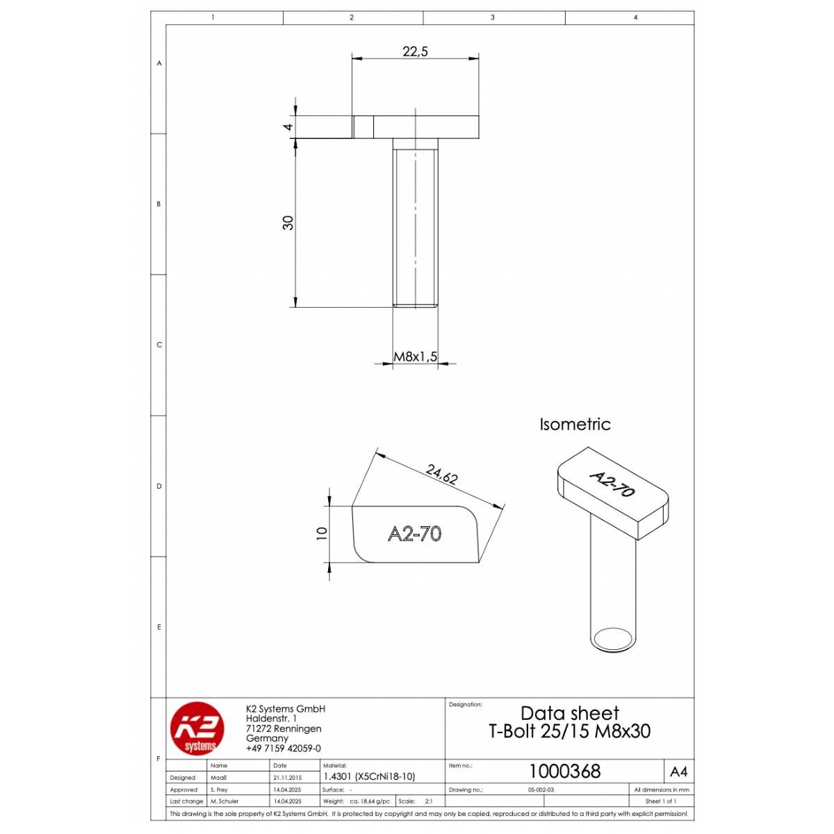 K2 Systems Hammerkopfschraube M8x30 – für SolidRail Unterkammer (Edelstahl A2 / 1.4301)