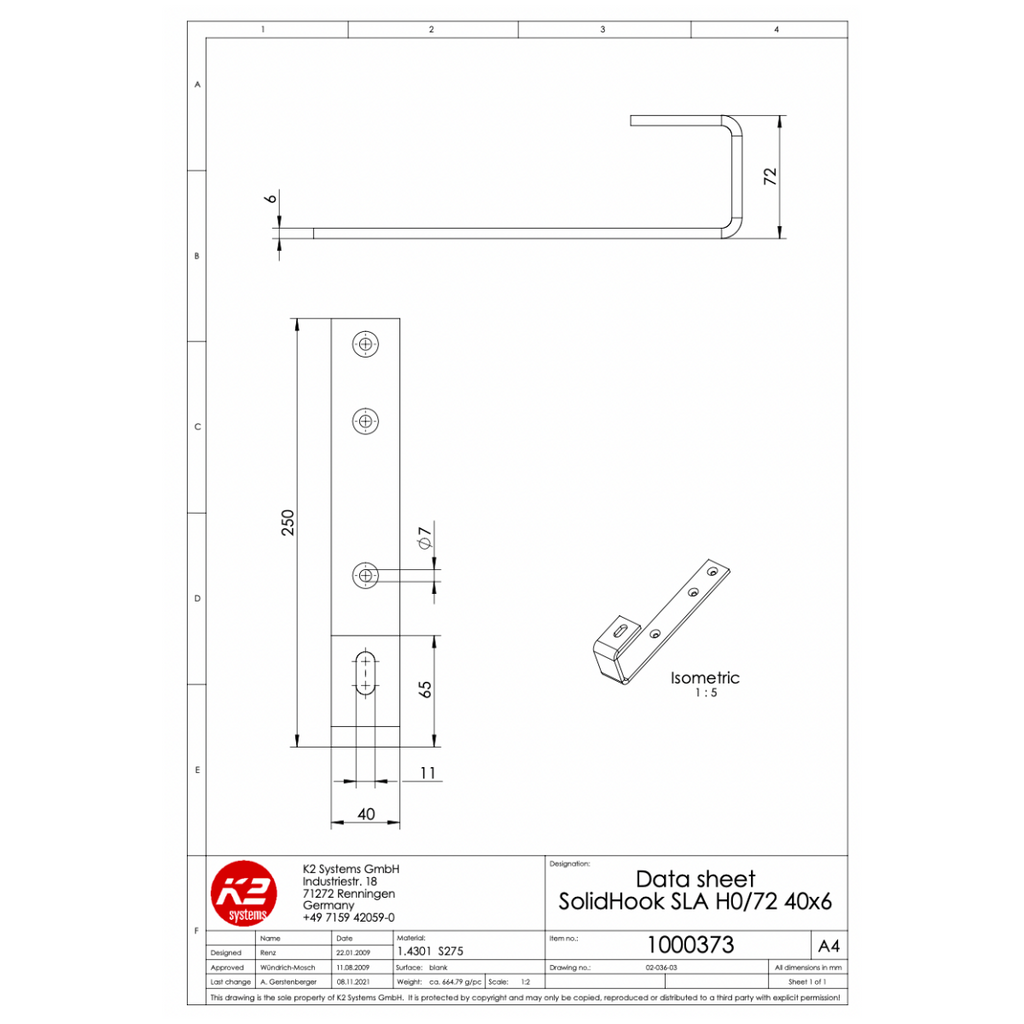 K2 Systems Dachhaken für Schieferdächer – SolidRail Montage (Edelstahl A2 / 1.4301) - 40 × 250 × 6 mm