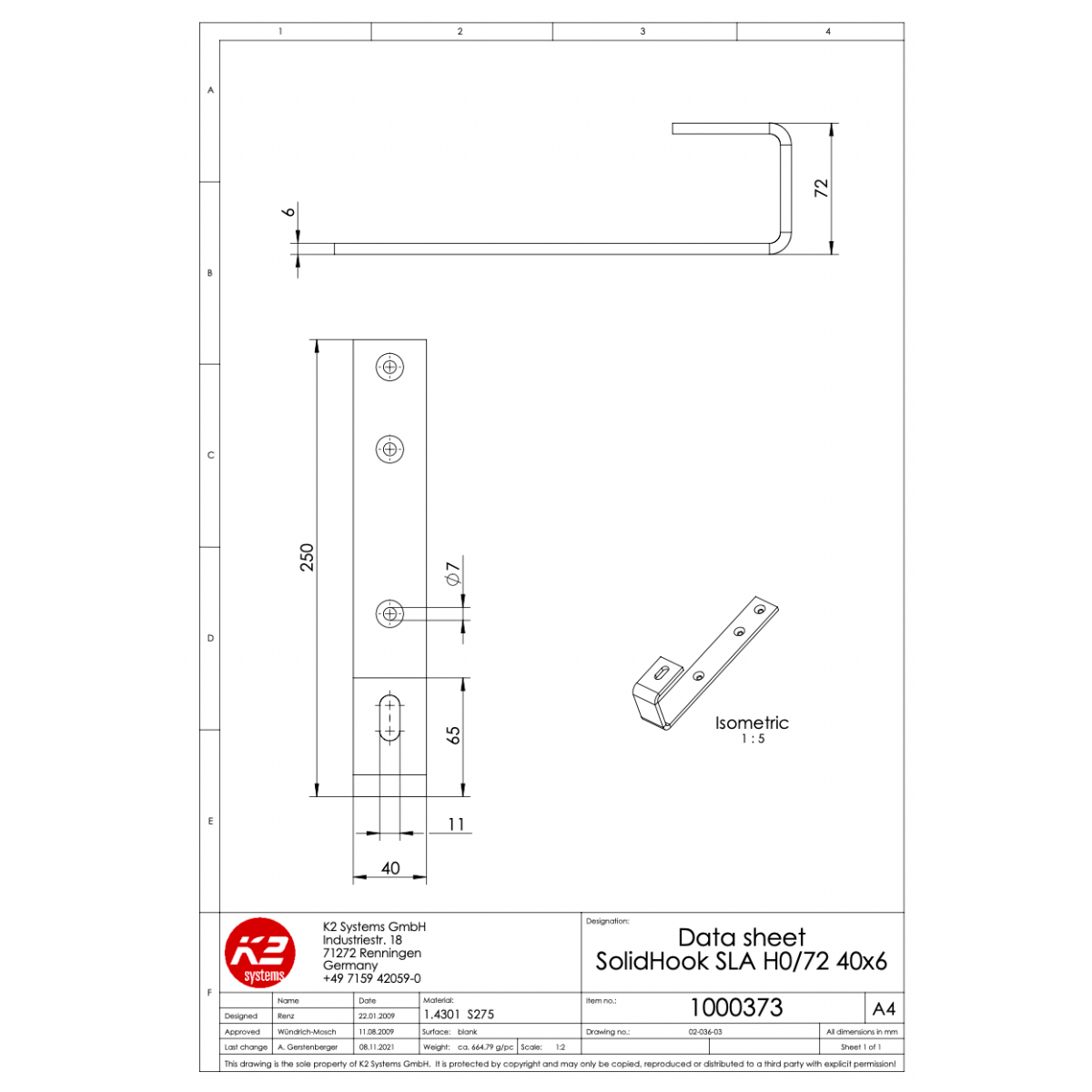 K2 Systems Dachhaken für Schieferdächer – SolidRail Montage (Edelstahl A2 / 1.4301) - 40 × 250 × 6 mm