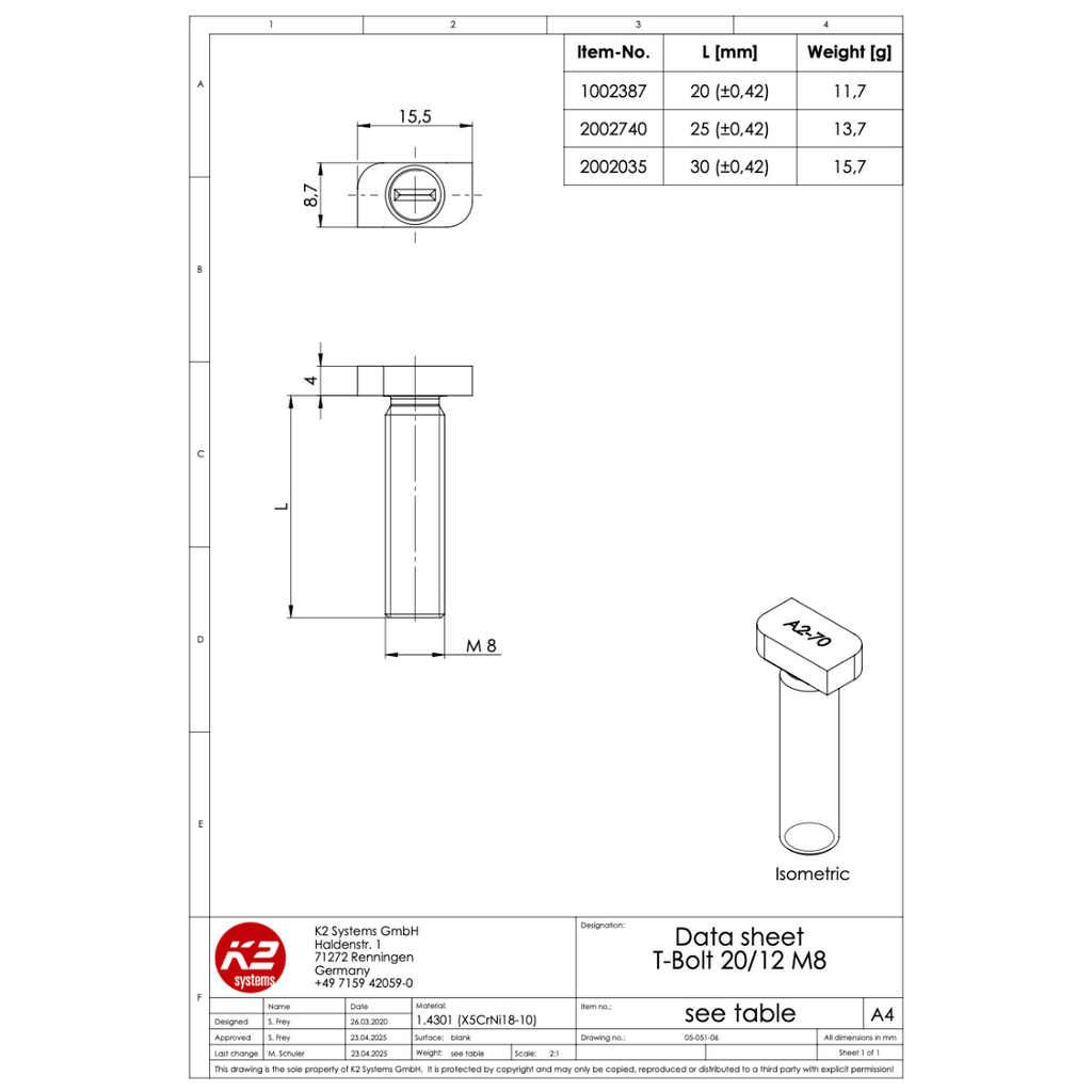 K2 Systems Hammerkopfschraube M8x20 – für seitliche Kammer der SingleRail 36 & 50 (Edelstahl A2 / 1.4301)