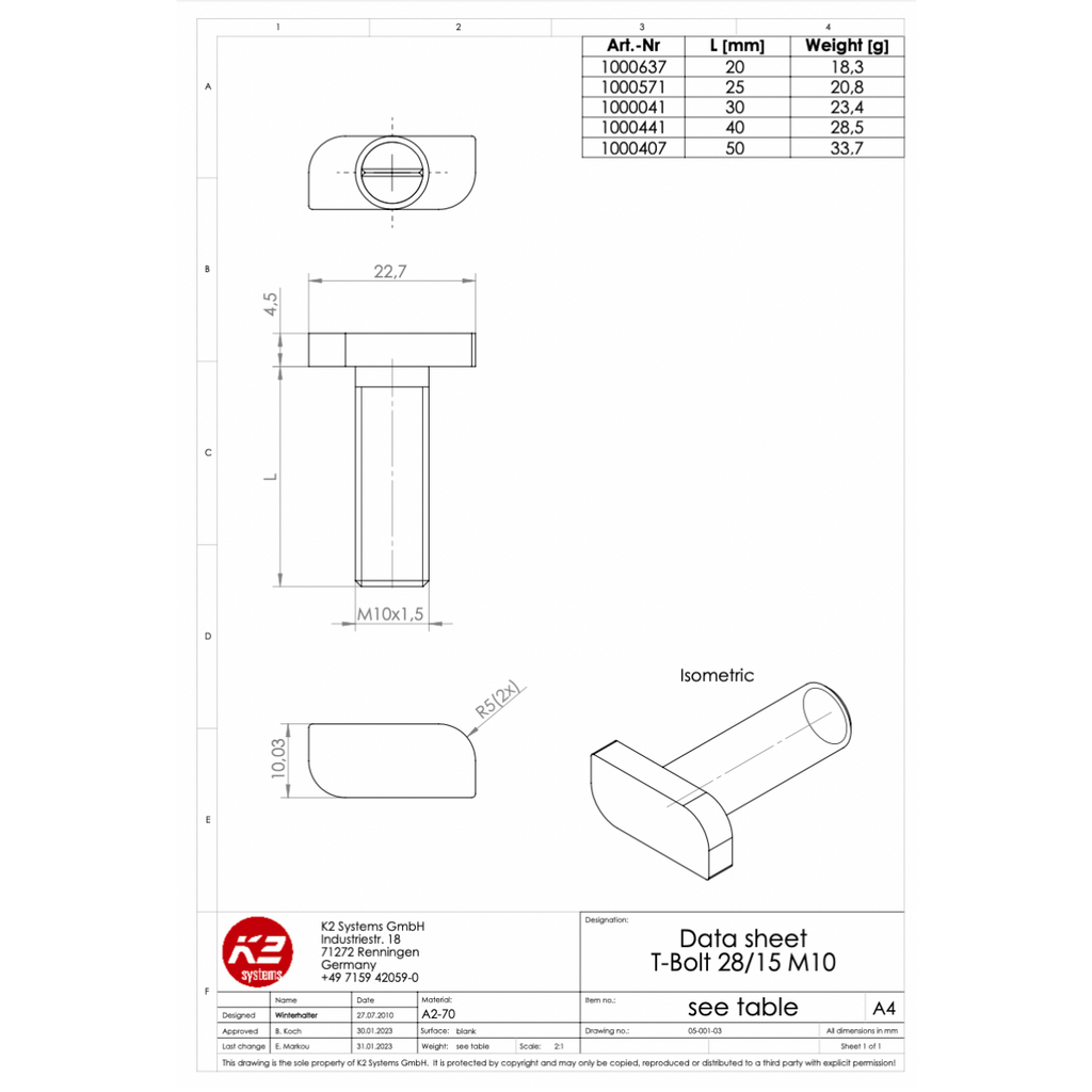 K2 Systems Hammerkopfschraube M10x25 – für SolidRail Unterkammer (Edelstahl A2 / 1.4301)