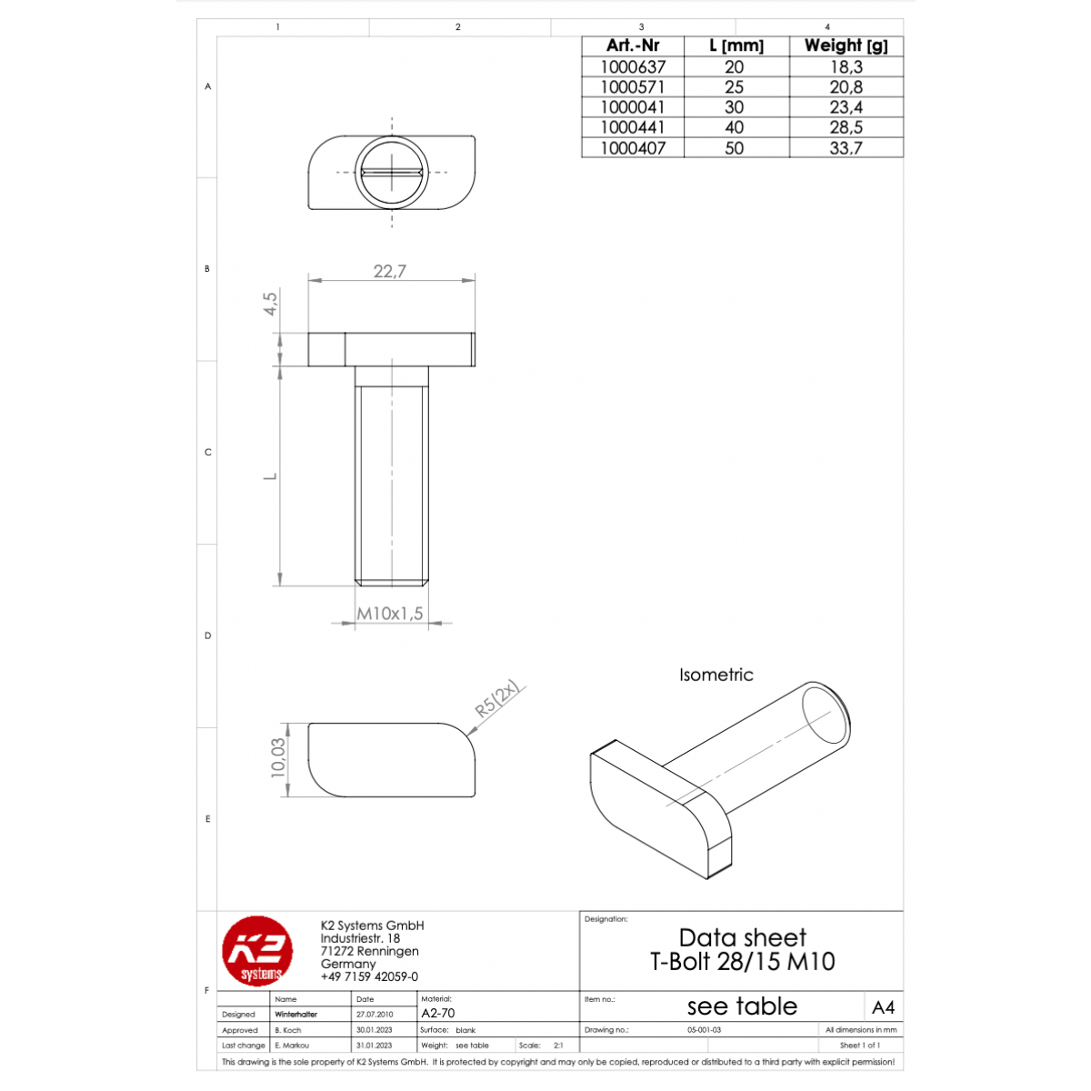K2 Systems Hammerkopfschraube M10x25 – für SolidRail Unterkammer (Edelstahl A2 / 1.4301)