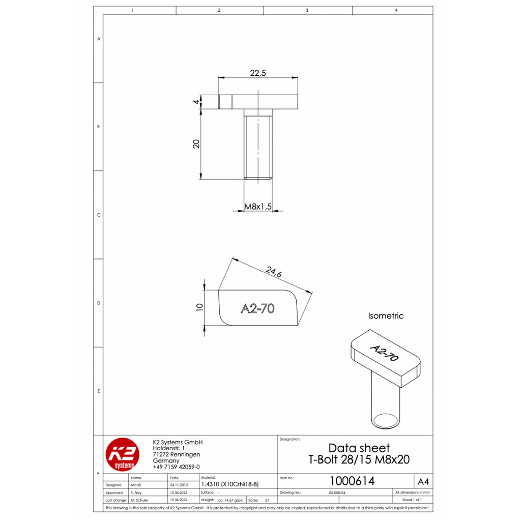 K2 Systems Hammerkopfschraube M8x20 – für SolidRail Unterkammer (Edelstahl A2 / 1.4301)