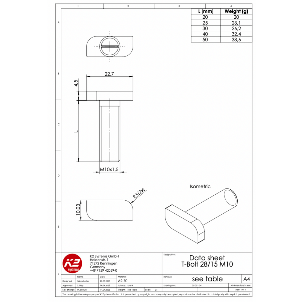 K2 Systems Hammerkopfschraube M10x20 – für SolidRail Unterkammer (Edelstahl A2 / 1.4301)