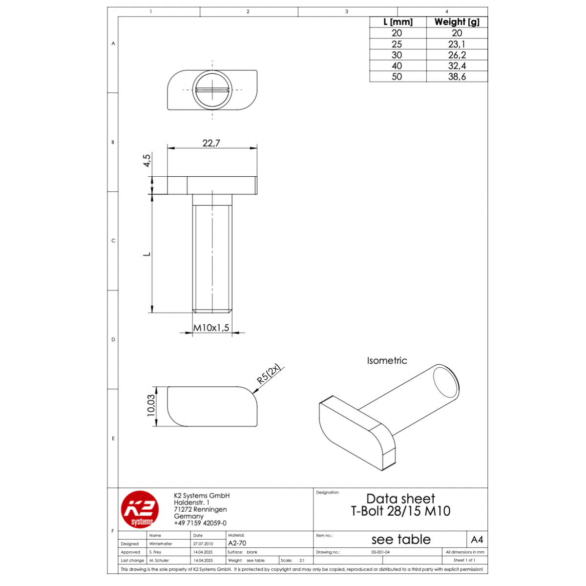 K2 Systems Hammerkopfschraube M10x20 – für SolidRail Unterkammer (Edelstahl A2 / 1.4301)