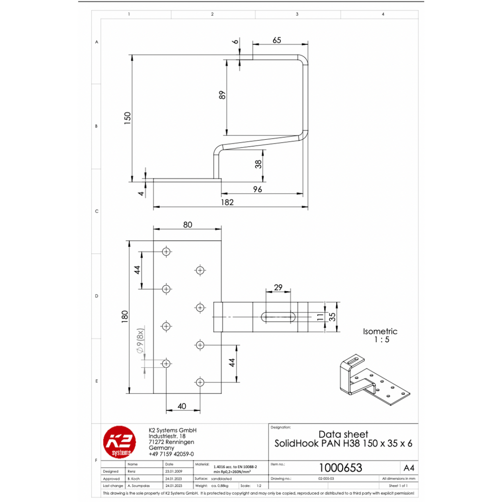 K2 Systems Dachhaken für Pfannenziegel – SolidRail Montage (Edelstahl 1.4016) - 180 × 80 × 4 mm