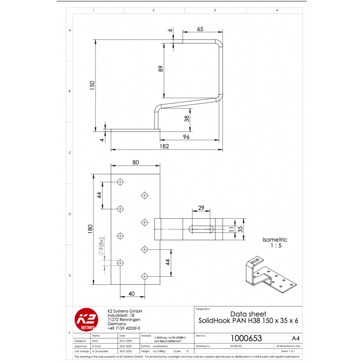 K2 Systems Dachhaken für Pfannenziegel – SolidRail Montage (Edelstahl 1.4016) - 180 × 80 × 4 mm