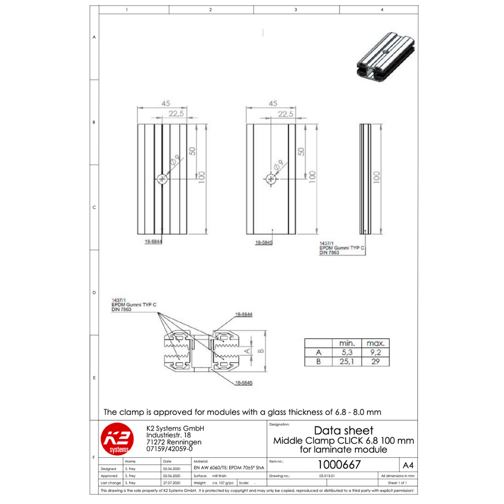 Modulmittelklemme für Laminatmodule – 6,8–8,0 mm Glasstärke (Aluminium, EPDM)