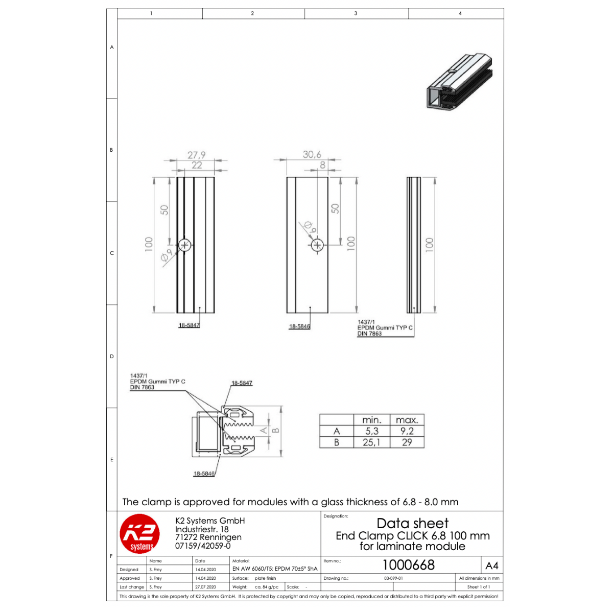 Endklemme für Laminatmodule – 6,8–8,0 mm Glasstärke (Aluminium, EPDM)