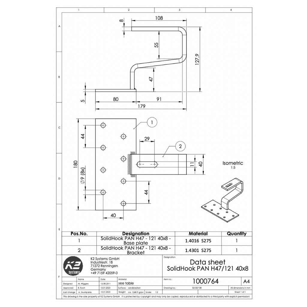 K2 Systems Dachhaken für Pfannenziegel – SolidRail Montage (Edelstahl 1.4016) - 180 × 80 × 5 mm