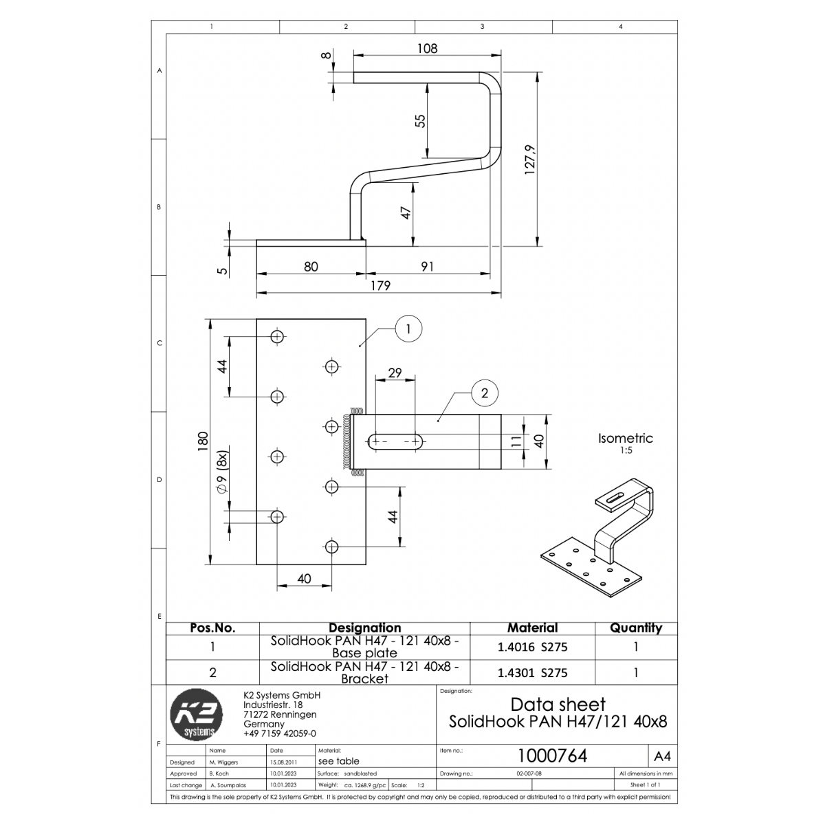 K2 Systems Dachhaken für Pfannenziegel – SolidRail Montage (Edelstahl 1.4016) - 180 × 80 × 5 mm