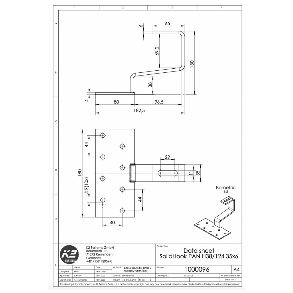 K2 Systems Dachhaken für Pfannenziegel – SolidRail Montage (Edelstahl 1.4016) - 180 × 80 × 4 mm