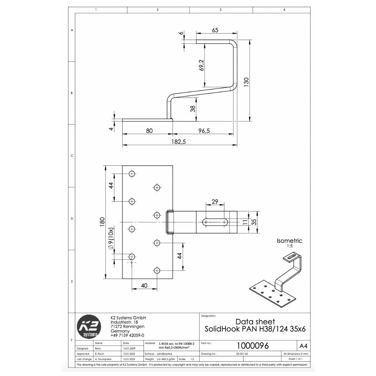 K2 Systems Dachhaken für Pfannenziegel – SolidRail Montage (Edelstahl 1.4016) - 180 × 80 × 4 mm