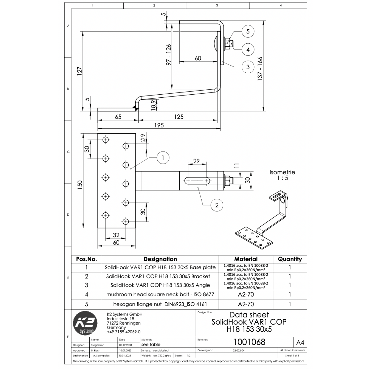 K2 Systems Dachhaken SolidHook Coppo – 1-fach höhenverstellbar für Coppo-Ziegel (Edelstahl 1.4016) - 150 × 60 × 5 mm