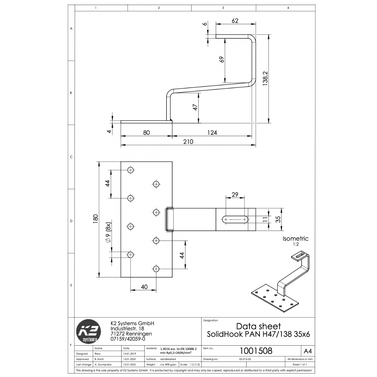 K2 Systems Dachhaken für großformatige Flachziegel – langer Ausleger, SolidRail Montage (Edelstahl 1.4016) - 180 × 80 × 4 mm