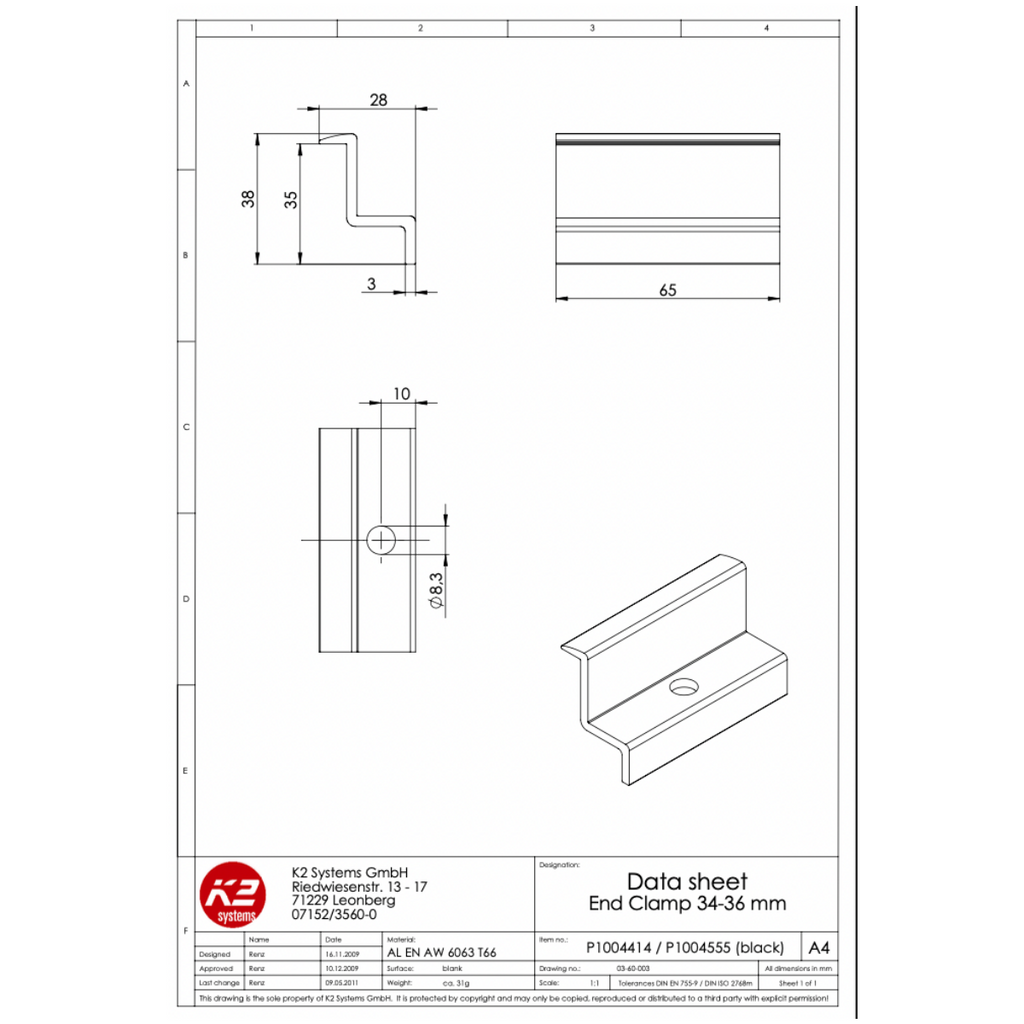 K2 Modulendklemme 34–36 mm – Schwarz eloxiert