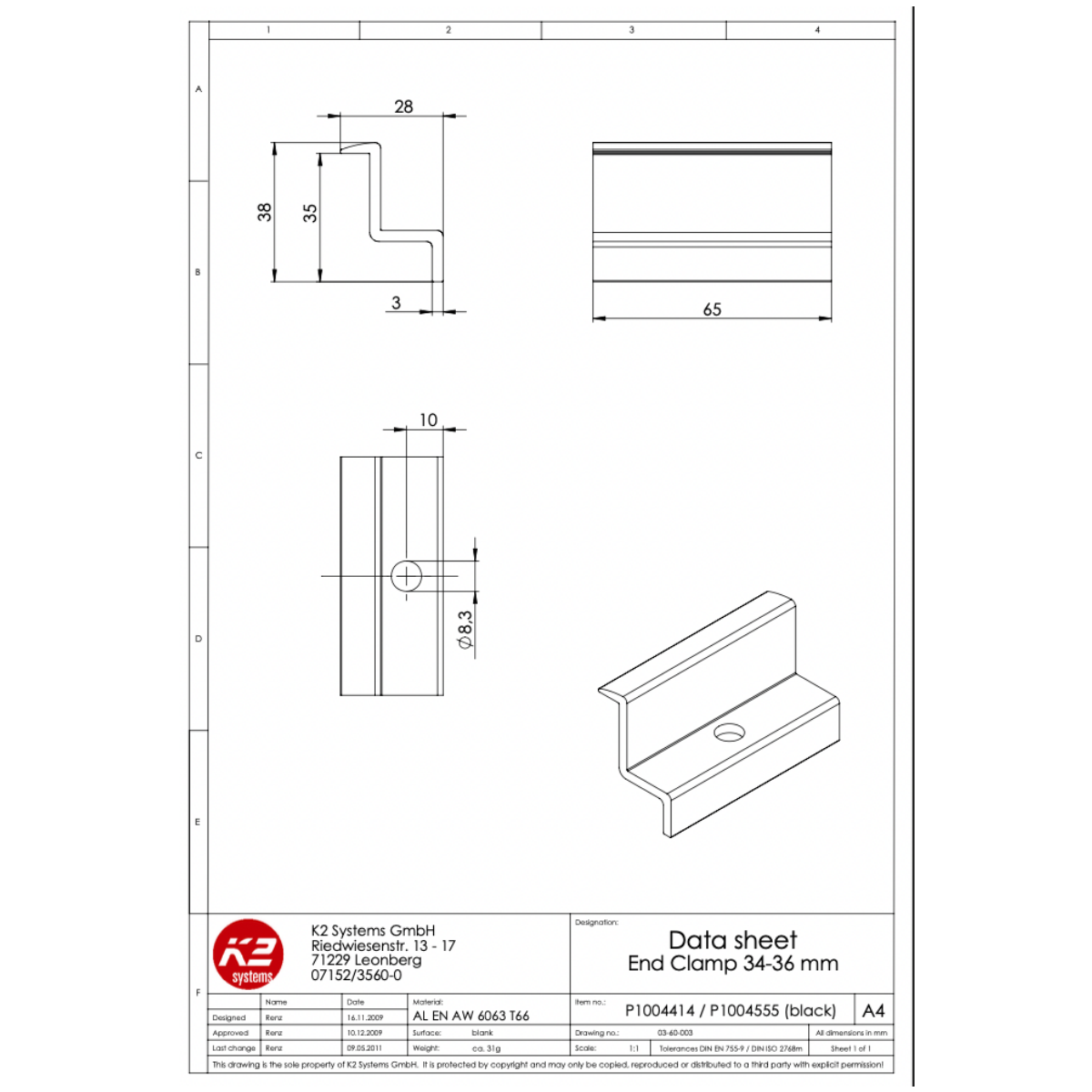 K2 Modulendklemme 34–36 mm – Schwarz eloxiert