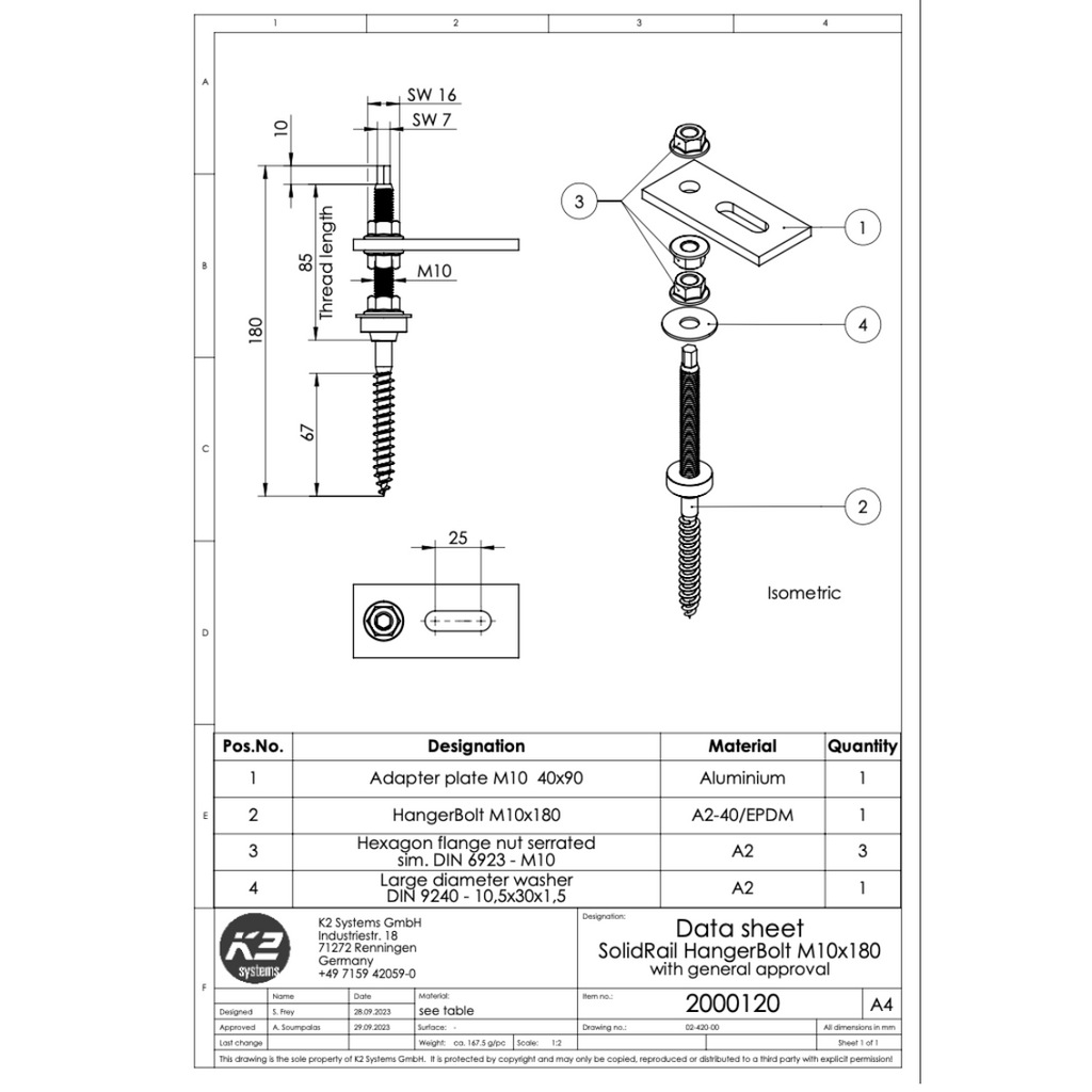 K2 SolidRail Stockschrauben Set M10x180 – mit Adapterblech & Faserzement-Dichtung für Wellfaserzement (Edelstahl A2 / Aluminium / EPDM)