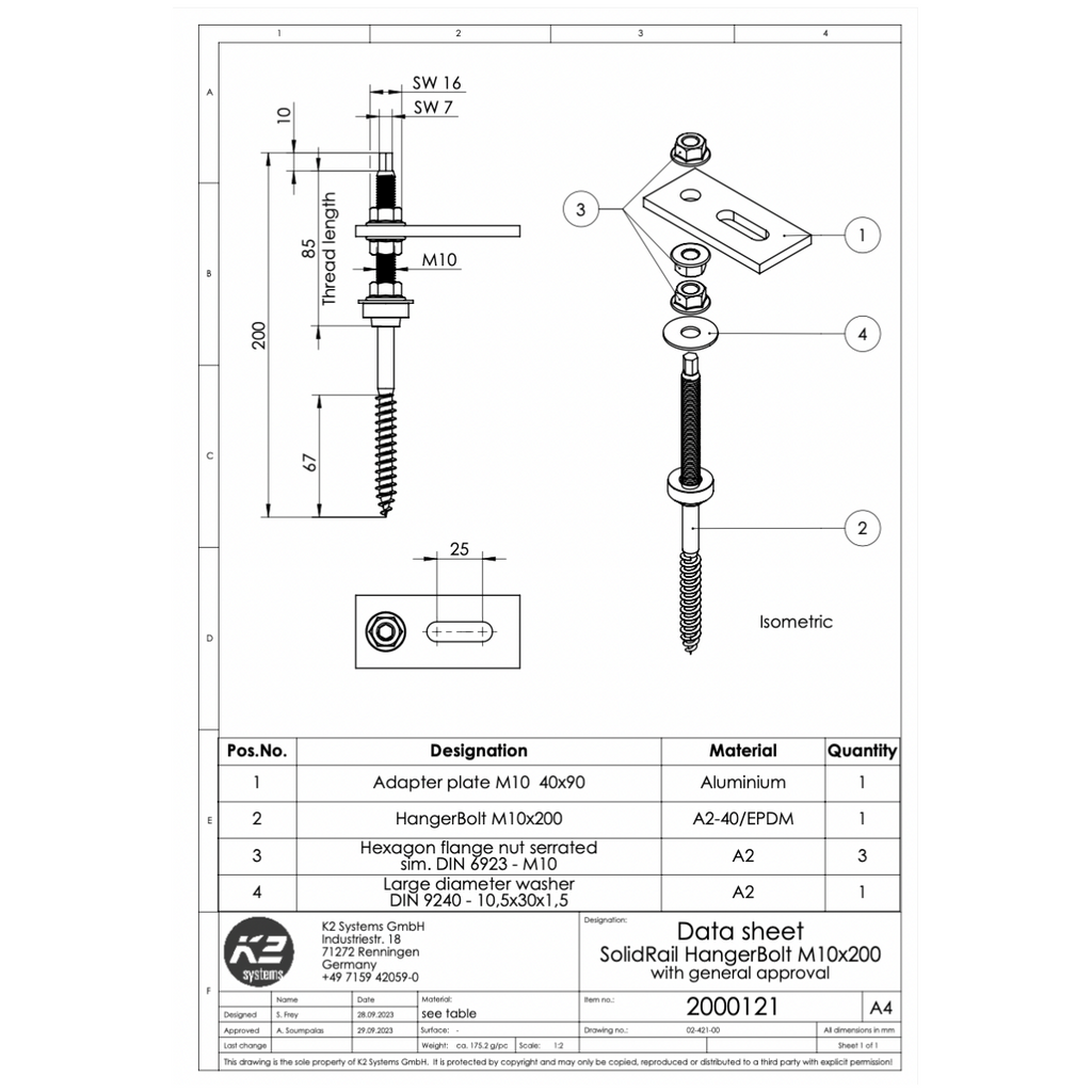 K2 SolidRail Stockschrauben Set M10x200 – mit Adapterblech & Faserzement-Dichtung für Wellfaserzement (Edelstahl A2 / Aluminium / EPDM)