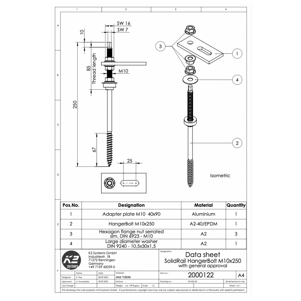 K2 SolidRail Stockschrauben Set M10x250 – mit Adapterblech & Faserzement-Dichtung für Wellfaserzement (Edelstahl A2 / Aluminium / EPDM)