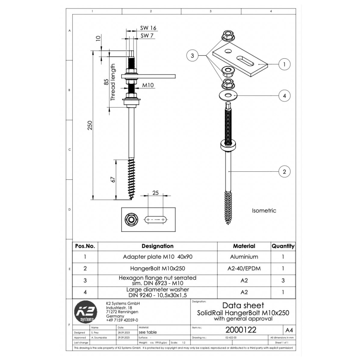 K2 SolidRail Stockschrauben Set M10x250 – mit Adapterblech & Faserzement-Dichtung für Wellfaserzement (Edelstahl A2 / Aluminium / EPDM)