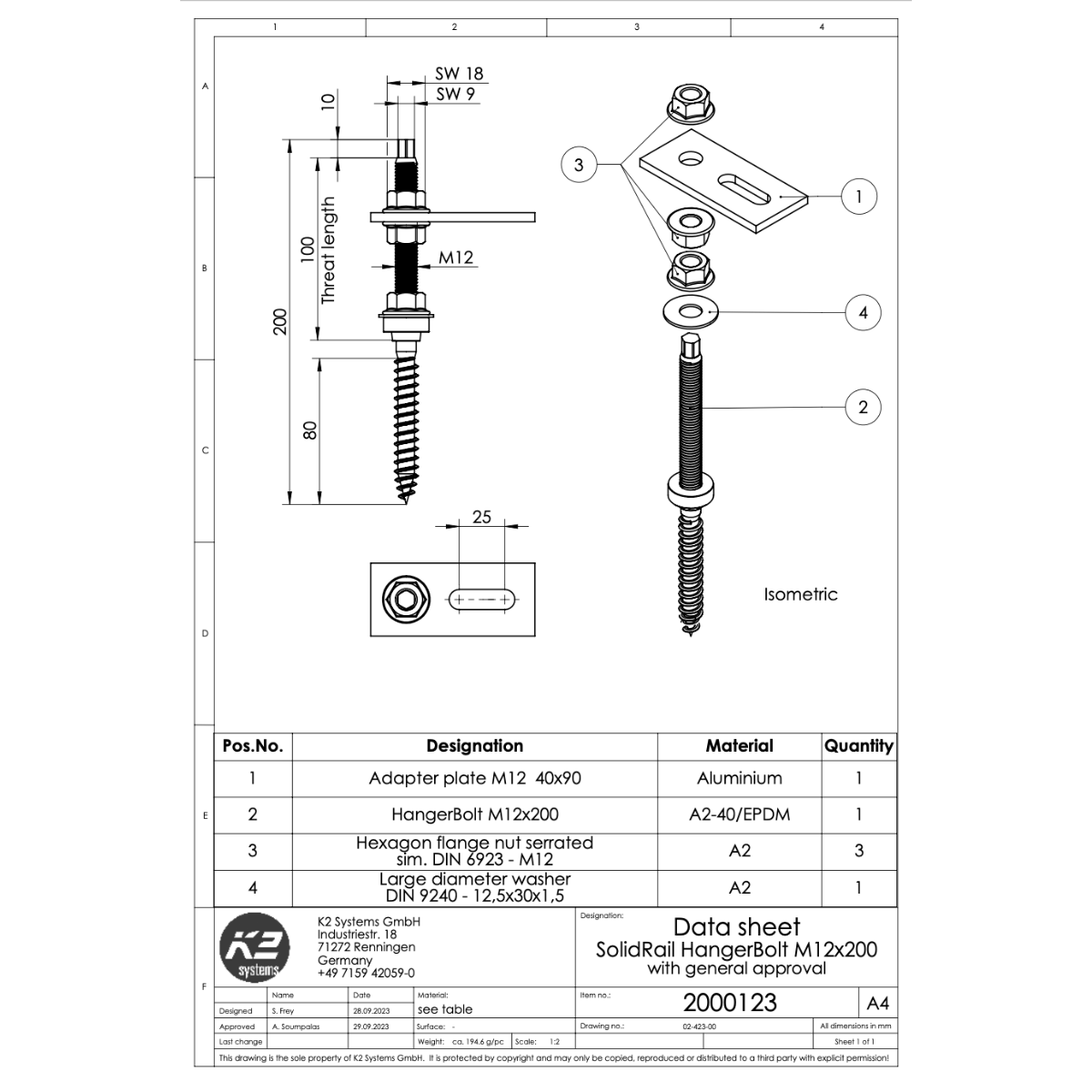 K2 SolidRail Stockschrauben Set M12x200 – mit Adapterblech & Faserzement-Dichtung für Wellfaserzement (Edelstahl A2 / Aluminium / EPDM)