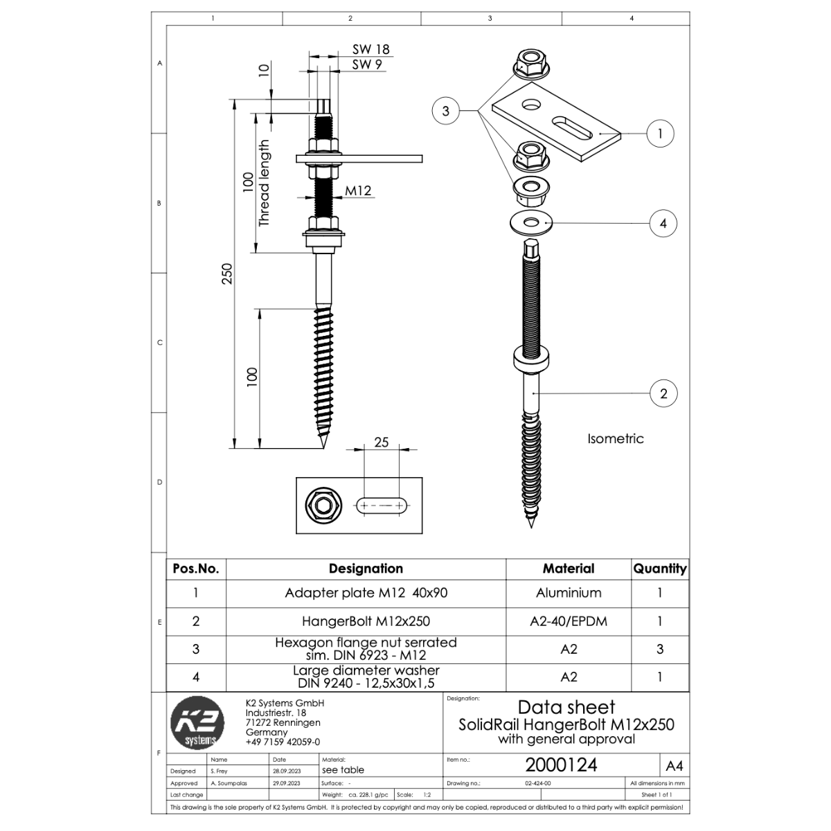 K2 SolidRail Stockschrauben Set M12x250 – mit Adapterblech & Faserzement-Dichtung für Wellfaserzement (Edelstahl A2 / Aluminium / EPDM)