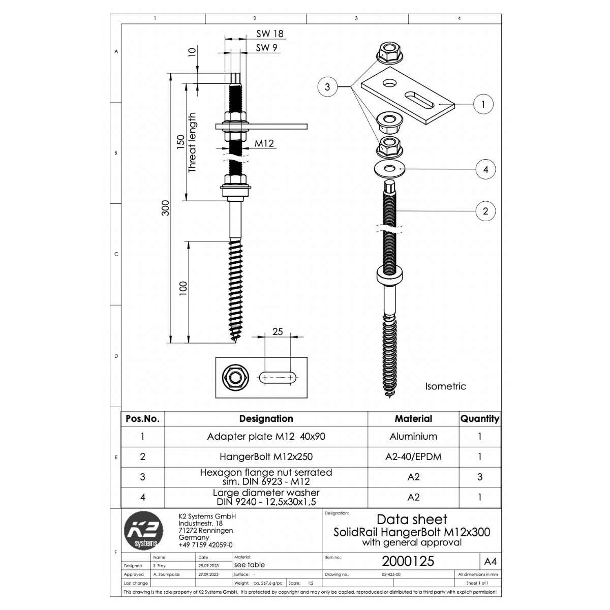 K2 SolidRail Stockschrauben Set M12x300 – mit Adapterblech & Faserzement-Dichtung für Wellfaserzement (Edelstahl A2 / Aluminium / EPDM)