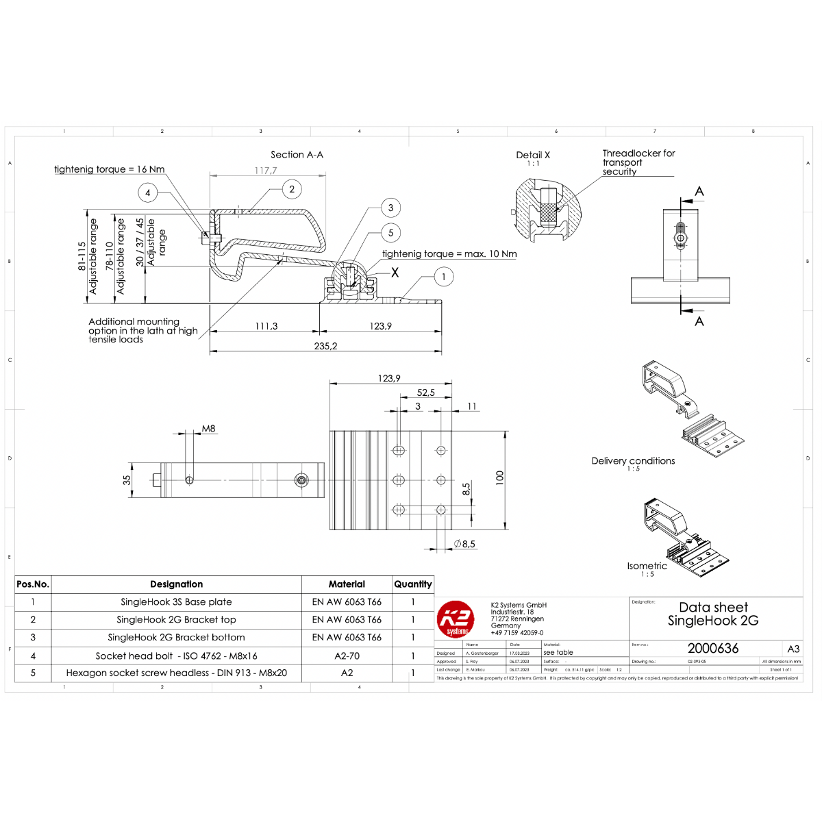 K2 Systems Dachhaken für Stahldachplatten – 3-fach höhenverstellbar, ohne Dachaussparung (Aluminium EN AW-6063 T66)