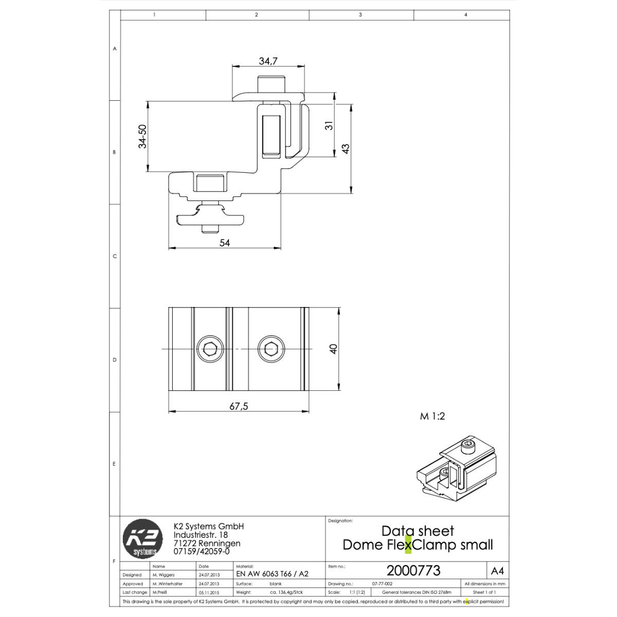 Schmaler FlexClamp Zusammenbau – für S-Dome small auf Trapezblech (34–50 mm Modulrahmen)