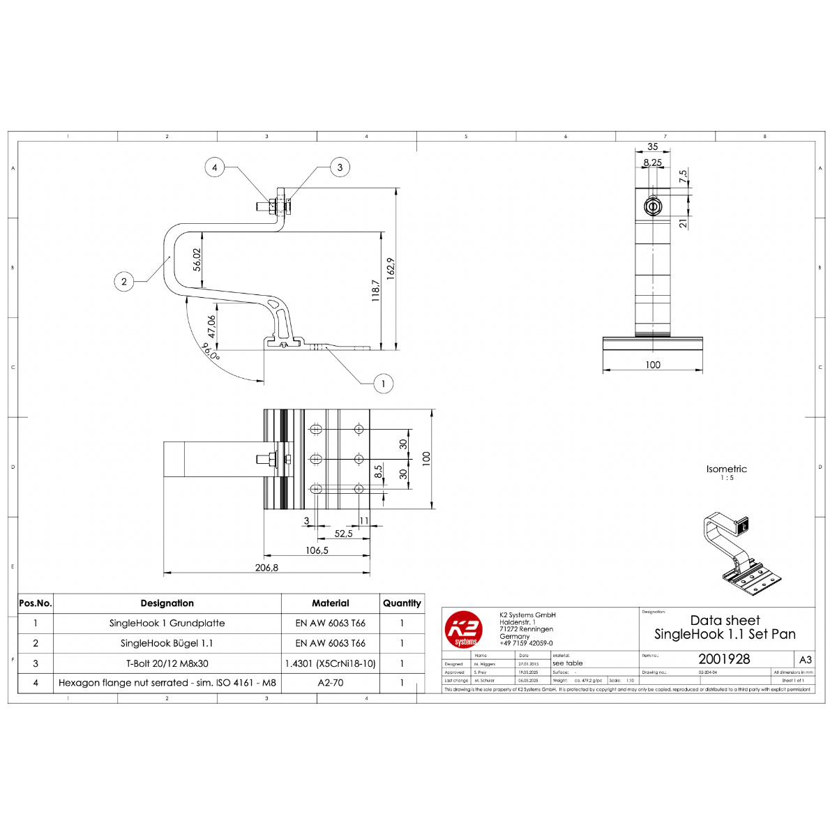 K2 Systems Dachhaken für Ziegeleindeckung – SingleRail Montage inkl. Befestigung (Aluminium EN AW-6063 T66)