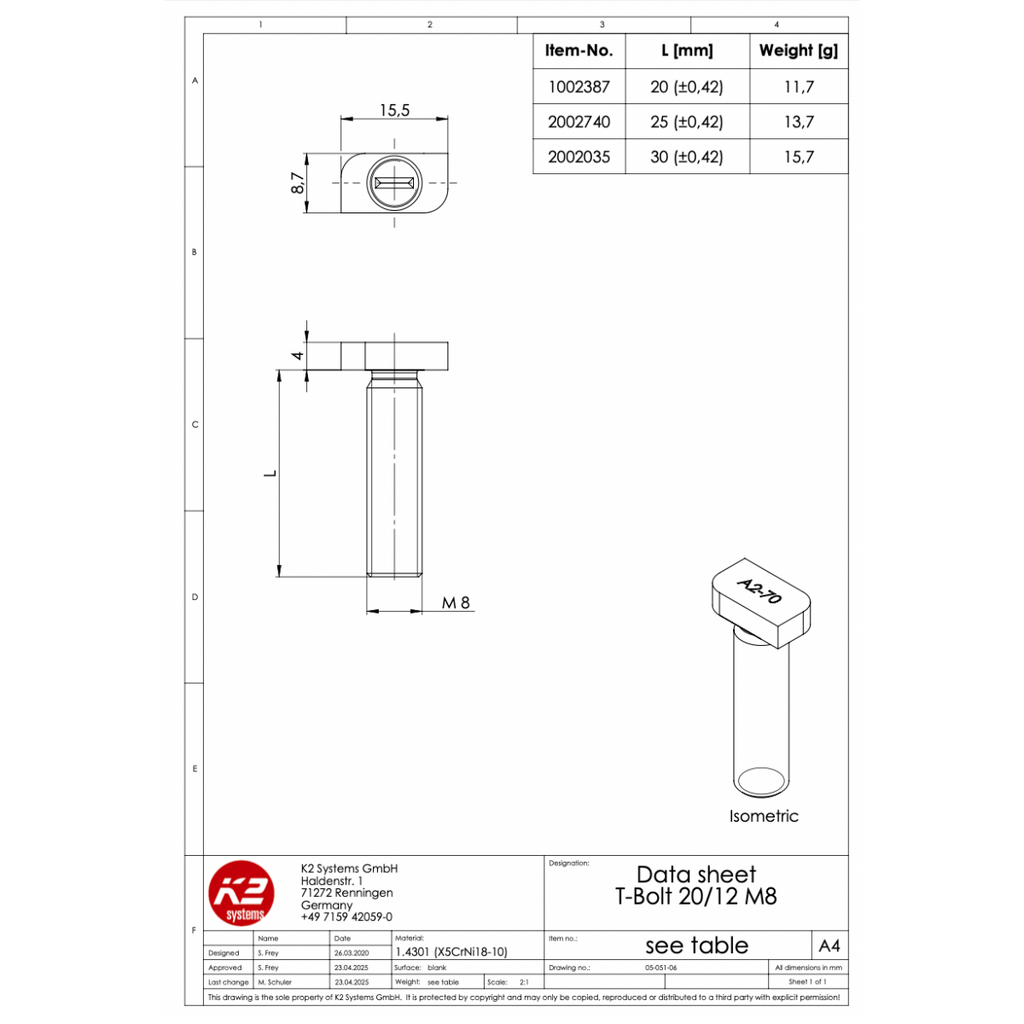 Hammerkopfschraube M8x30 für seitliche Kammer – K2 SingleRail 36 & 50 (Edelstahl A2 / 1.4301)