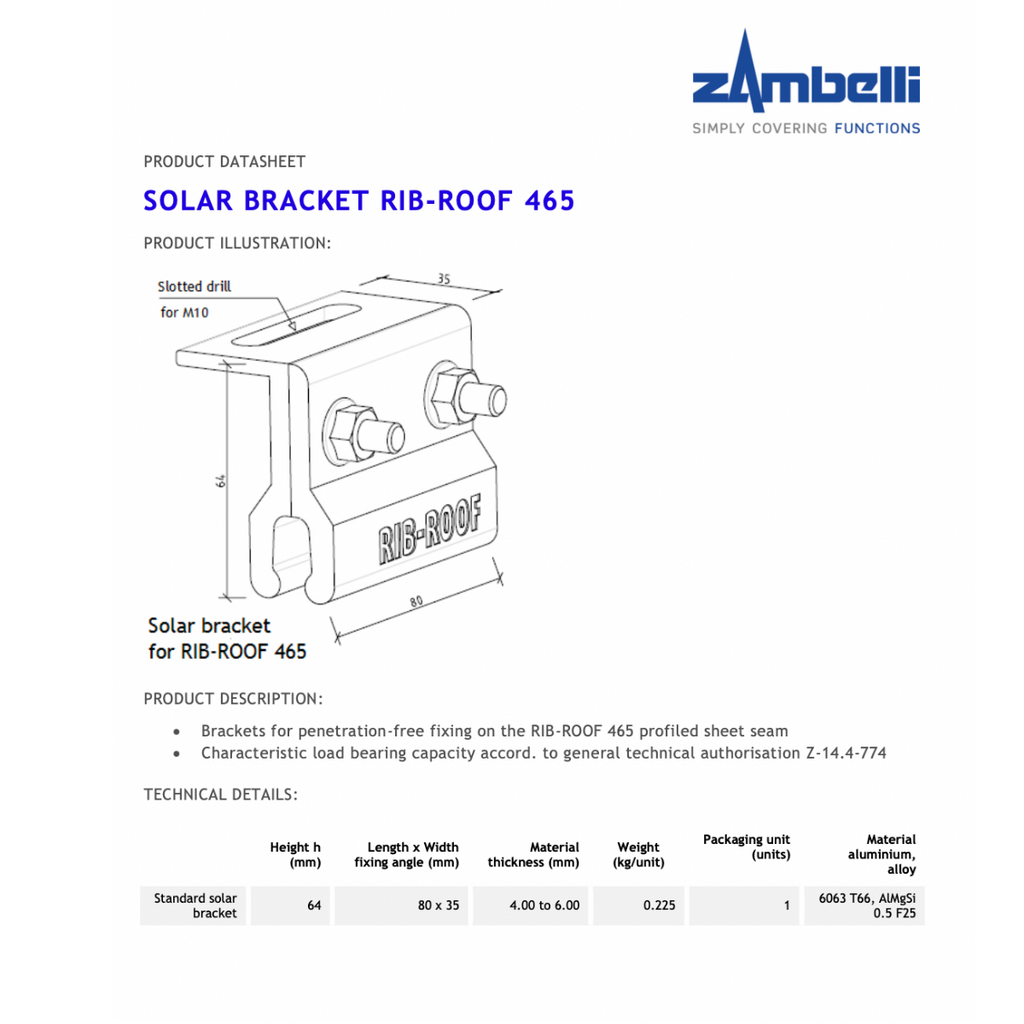 Solarhalter für Zambelli RIB-Roof 465 – zur SolidRail-Montage auf Stehfalz (12 mm)