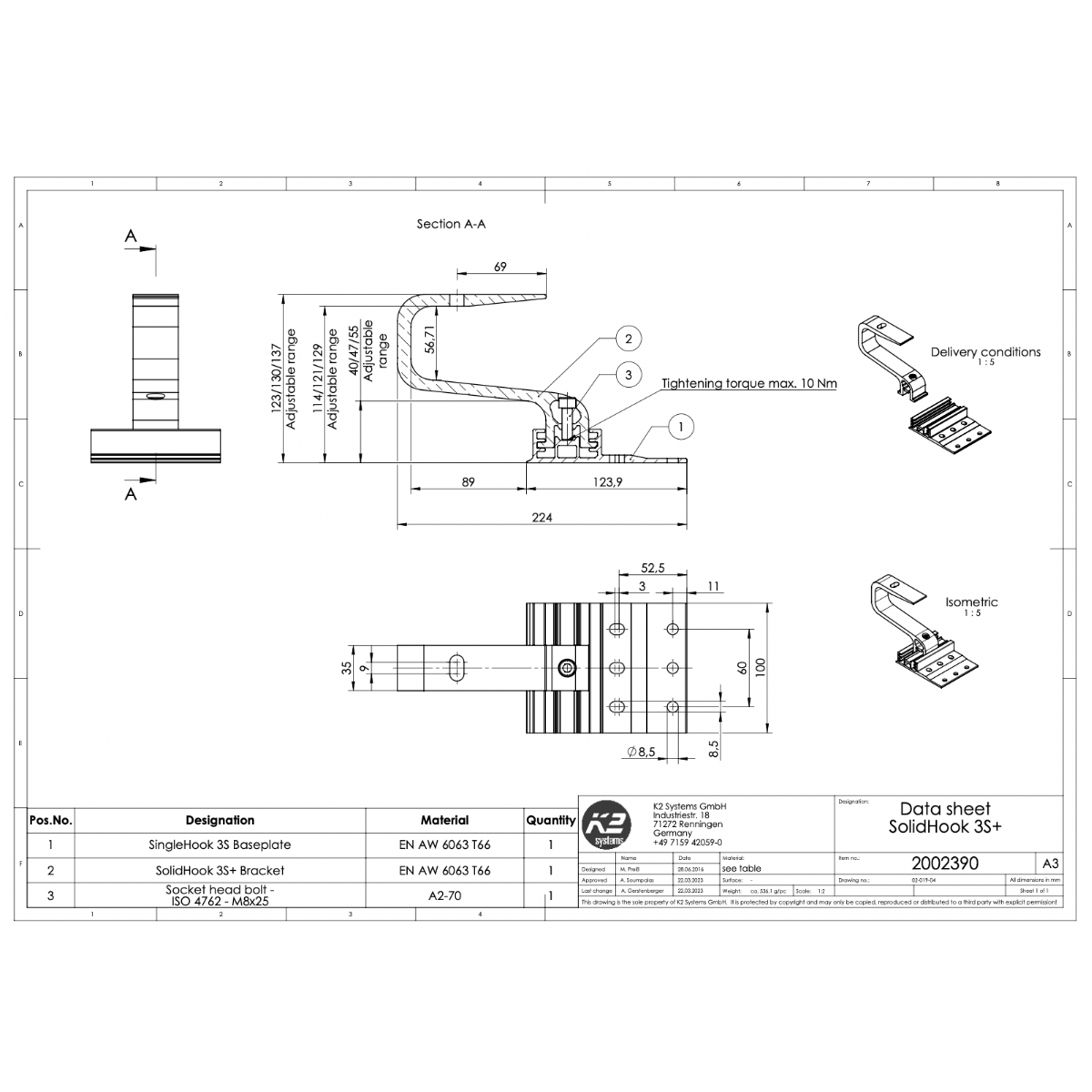 K2 Systems Dachhaken – 3-fach höhenverstellbar, vertikale SolidRail Montage (Aluminium EN AW-6063 T66) - 124 × 100 mm