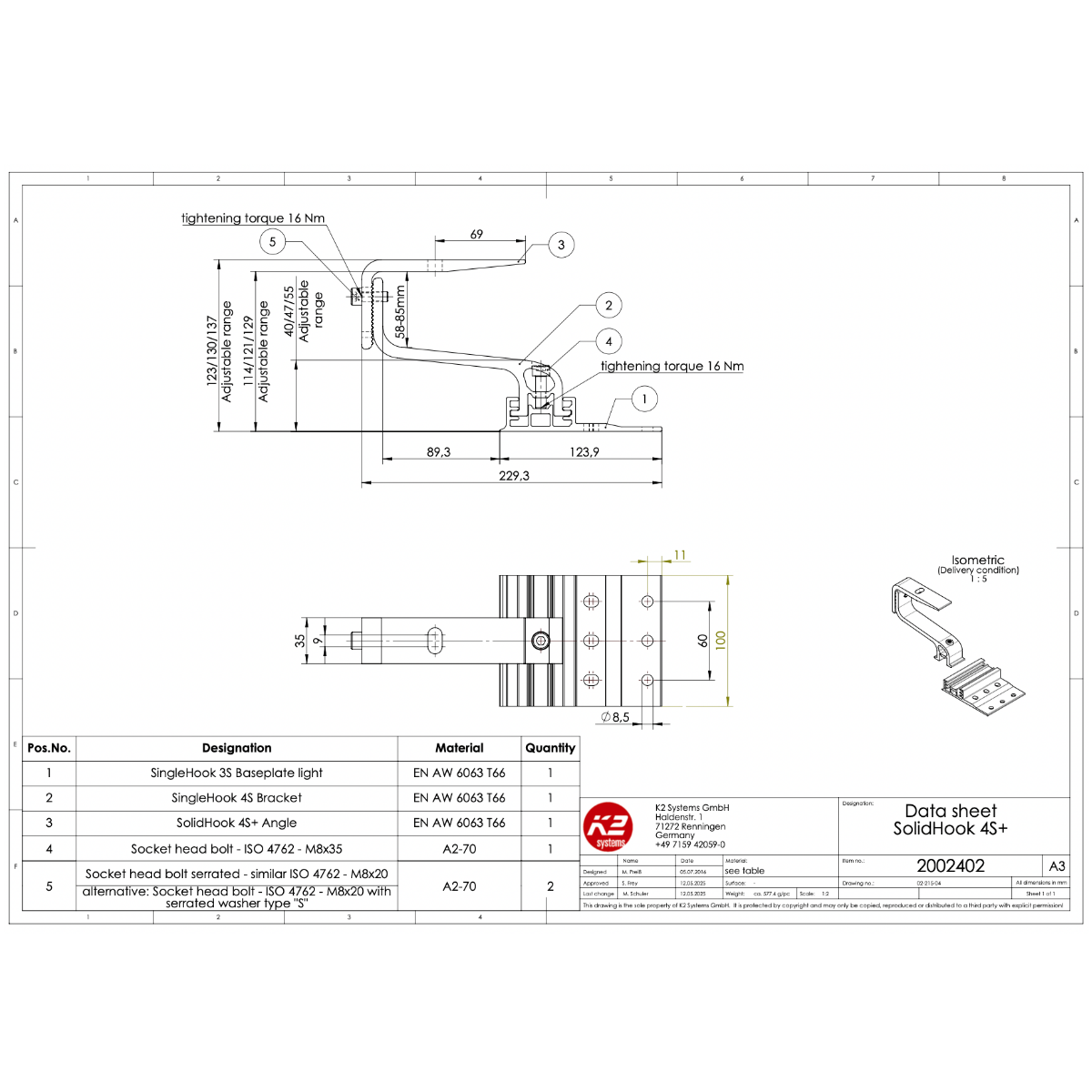 K2 Systems Dachhaken – 3-fach höhenverstellbar mit zusätzlicher Bügelverstellung, vertikale SolidRail Montage (Aluminium EN AW-6063 T66) - 124 × 100 mm