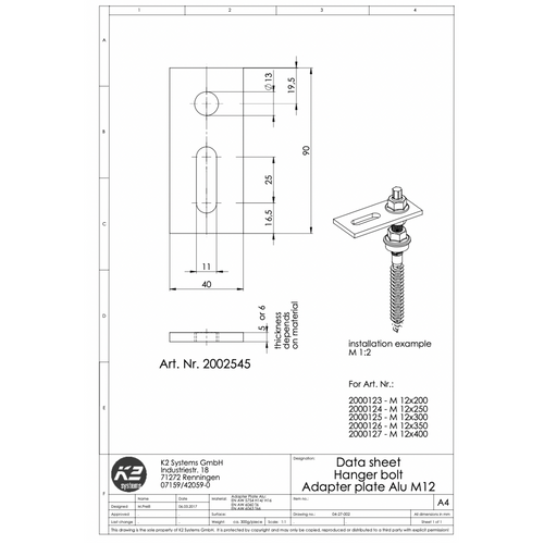 Adapterblech – Stockschraube & Solarbefestiger M12