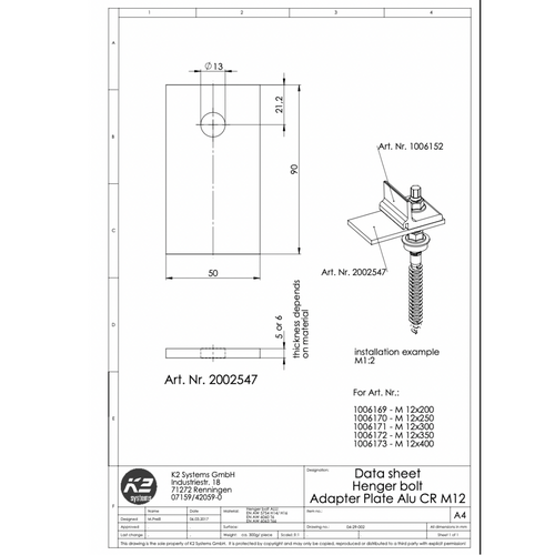 Adapterblech – M12 Stockschrauben
