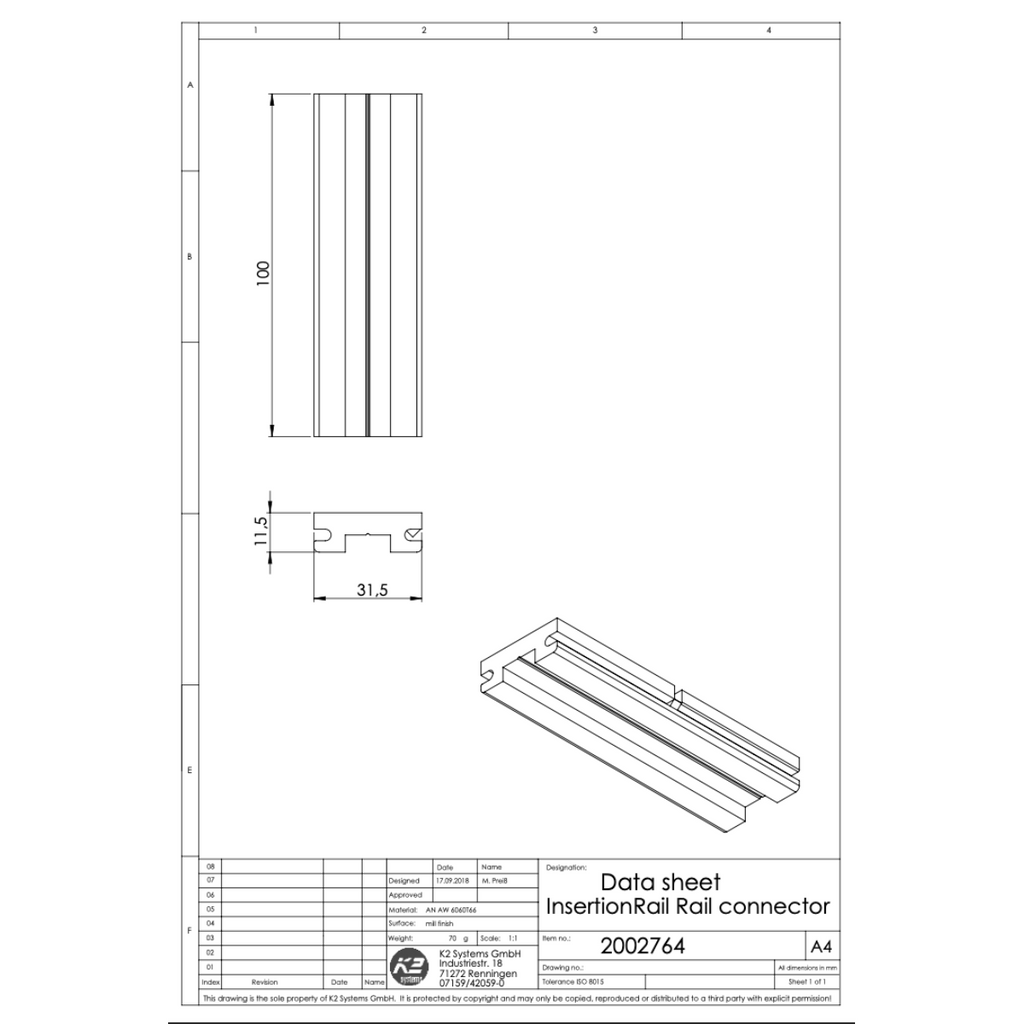 Schienenverbinder – für K2 InsertionRail, schwarz eloxiert