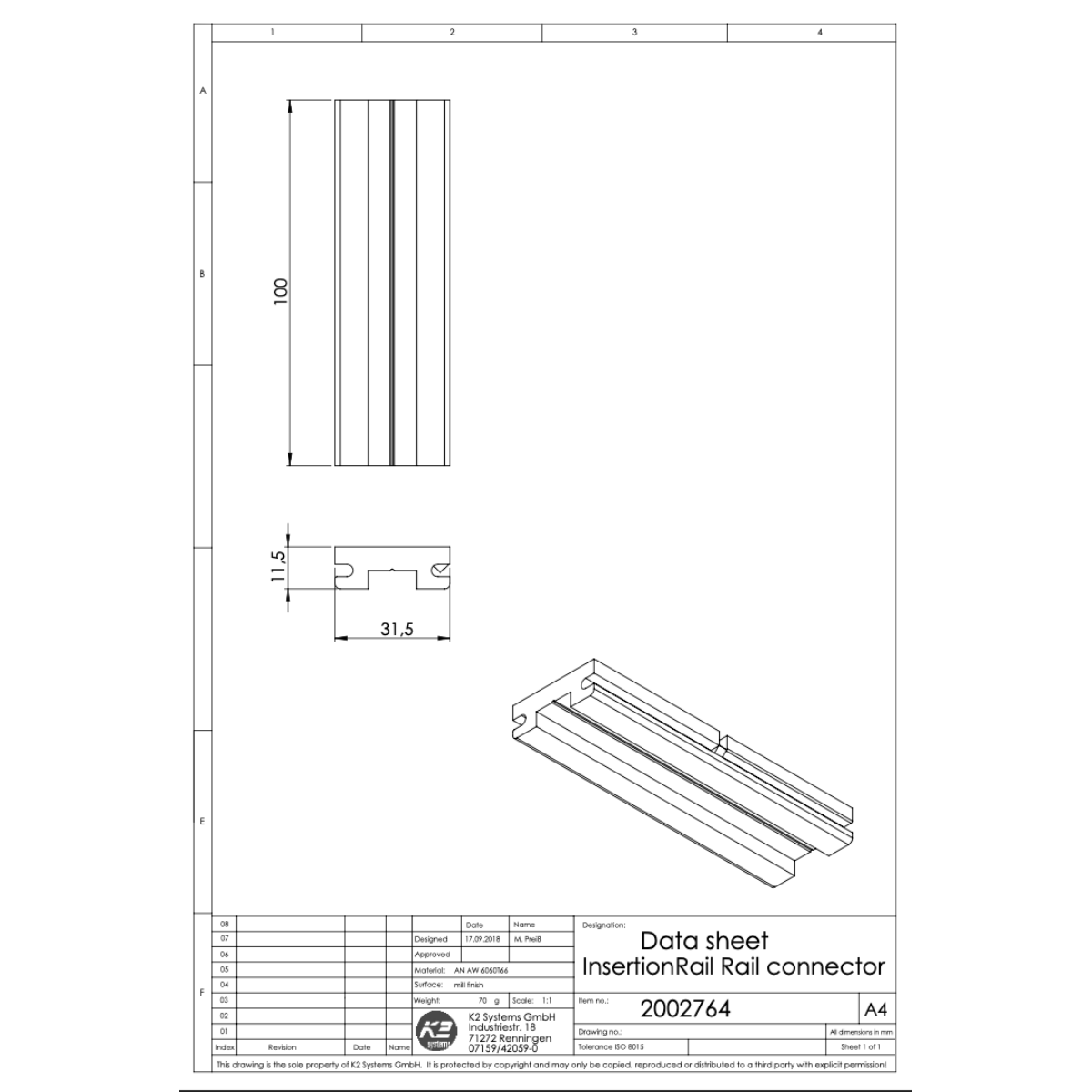 Schienenverbinder – für K2 InsertionRail, schwarz eloxiert