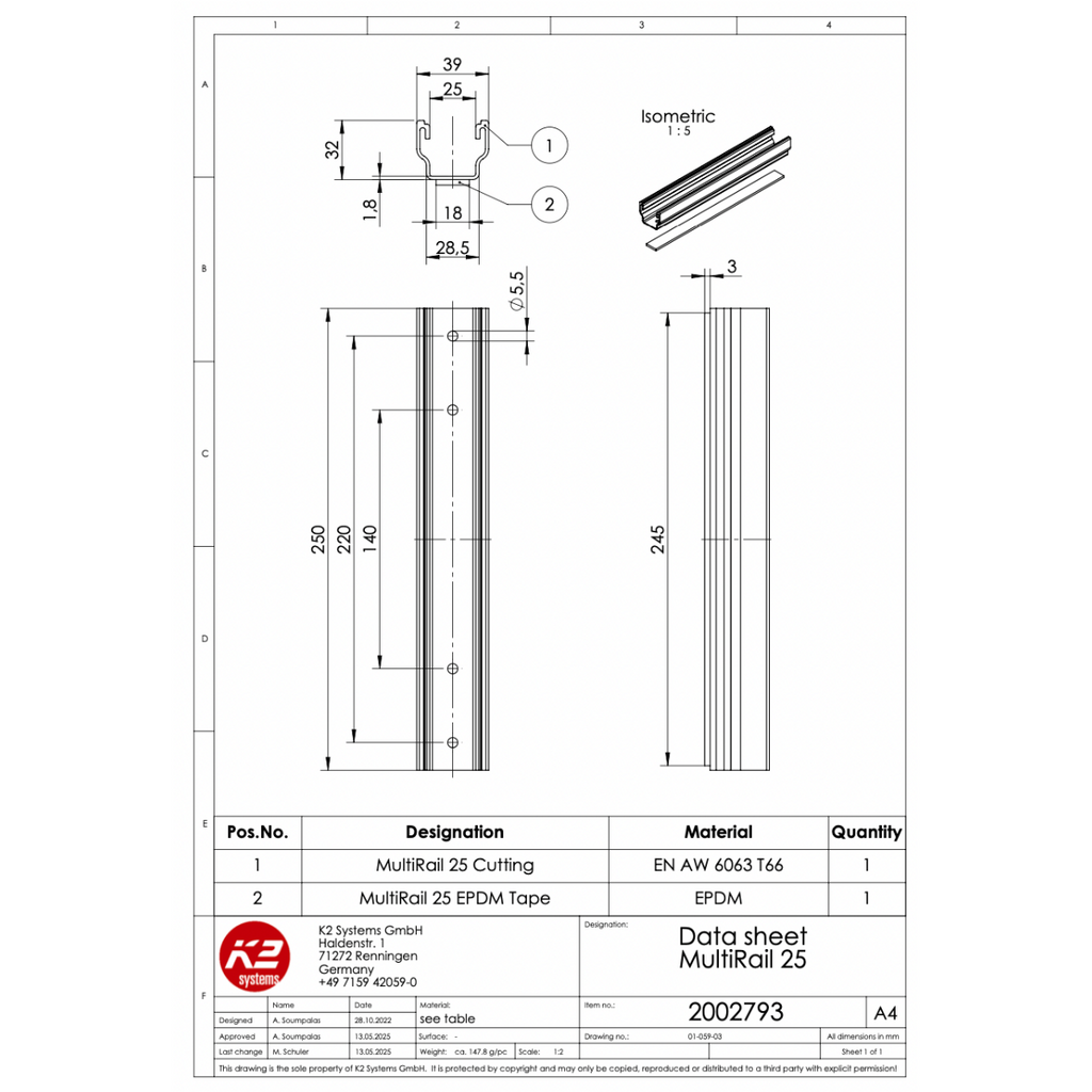 Kurzschiene – 250 mm, für Trapezblechdächer