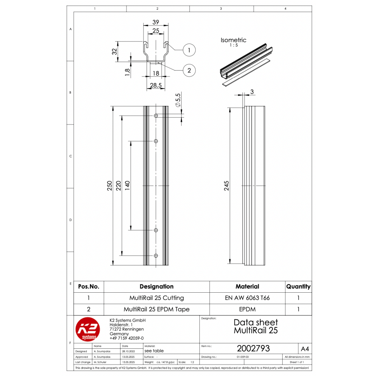 Kurzschiene – 250 mm, für Trapezblechdächer